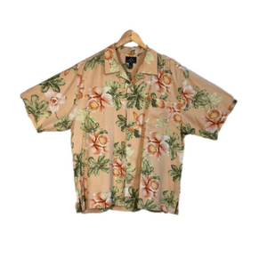 BERMUDA BAY Mens Pink‎ Tropical Print Short Sleeve Silk Button Up Shirt Size L